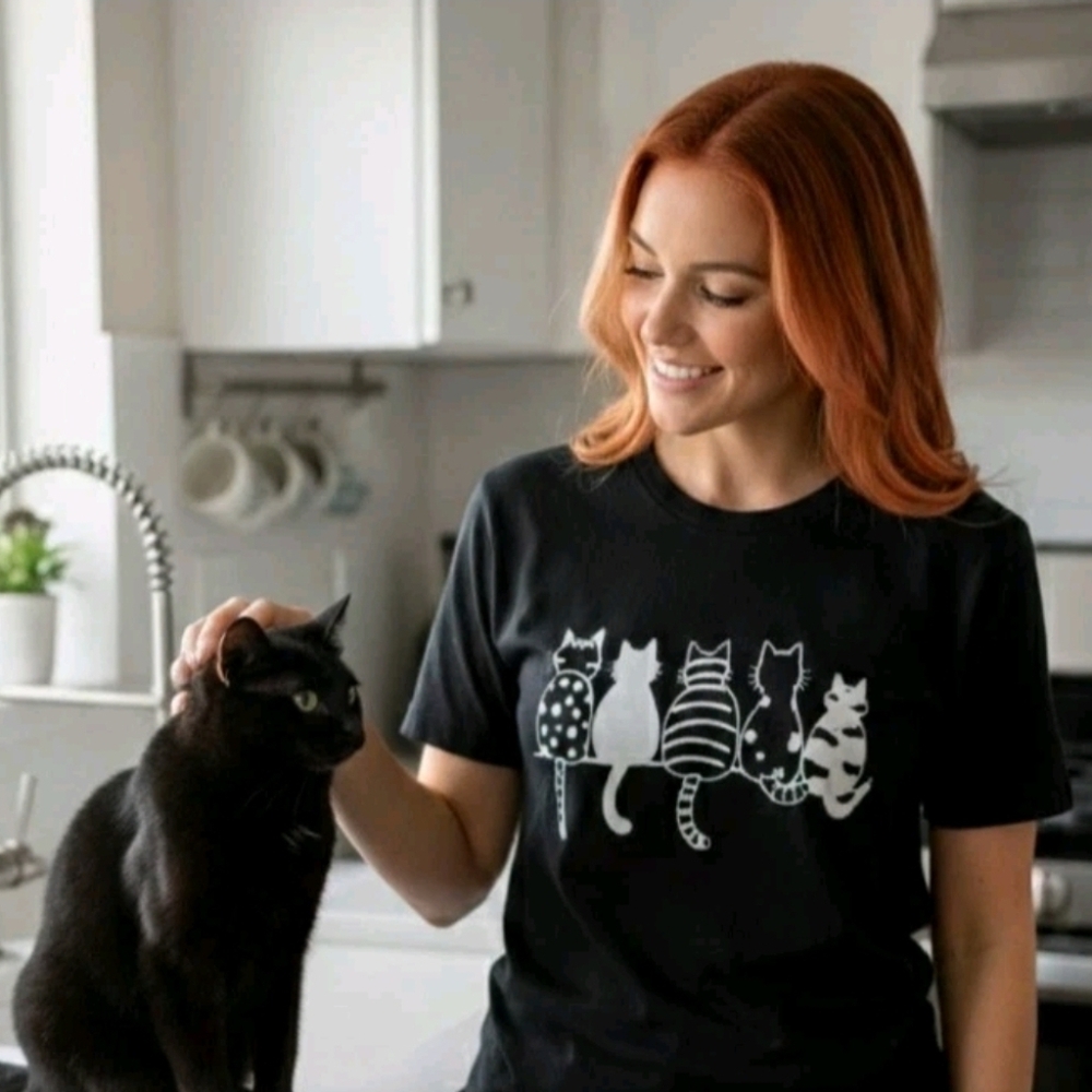 Black and White cats on women's cotton rich 2XL Cat Lover Graphic Tee, 5 cats - Picture 2 of 6
